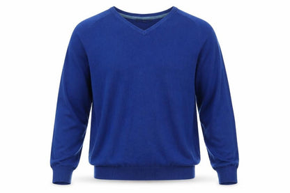 Front view of EWM men’s blue knit jumper, size L