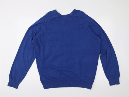 Back view of EWM men’s blue knit jumper, size L