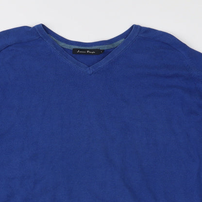 Close-up detail of EWM men’s blue knit jumper, size L