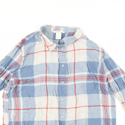 Close-up detail of H&M women’s blue check basic button-up, size UK 8