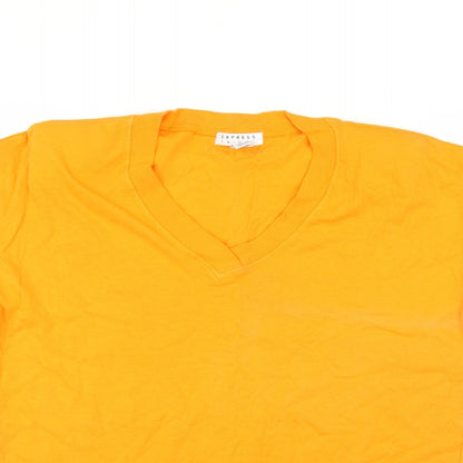 Close-up detail of express tricot women’s orange basic t-shirt, size S