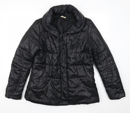 Front view of Promod women’s black quilted coat, size UK 14