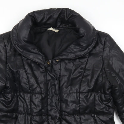 Close-up detail of Promod women’s black quilted coat, size UK 14