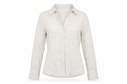 Front view of Preworn women’s grey basic button-up, size L