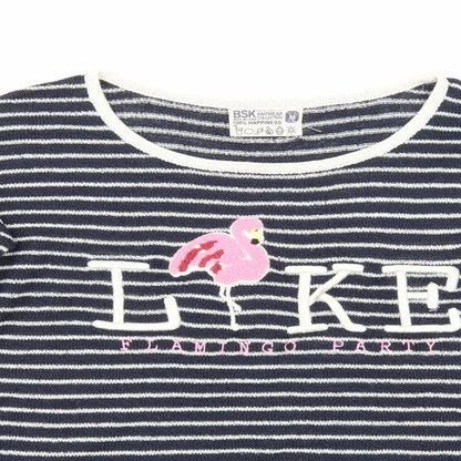 Close-up detail of BSK women’s blue striped jumper, size M
