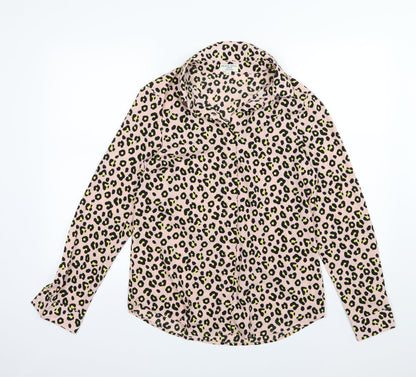 Front view of Brave Soul women’s pink animal print chiffon basic blouse, size S
