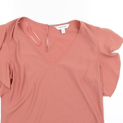 Close-up detail of Preview women’s brown chiffon basic blouse, size UK 8