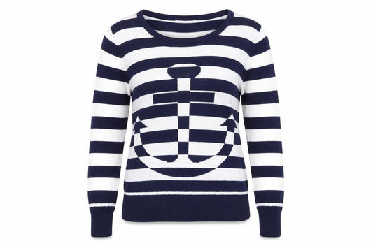Front view of Peacocks women’s blue striped knit jumper, size UK 10