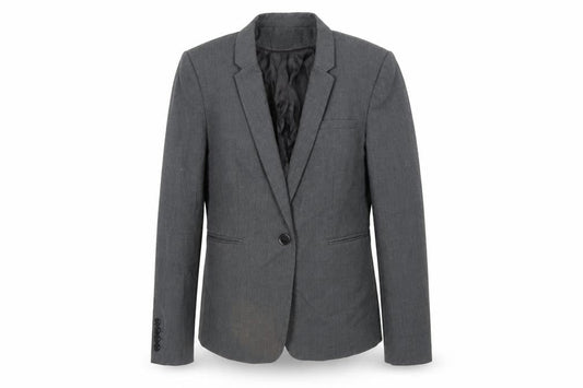 Front view of H&M women’s grey rayon jacket suit jacket, size UK 12