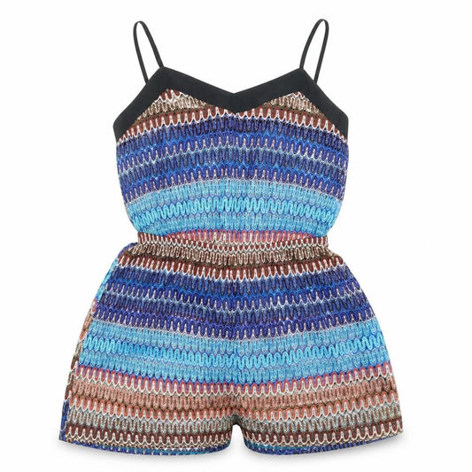 Front view of Topshop women’s blue striped playsuit one-piece, size S
