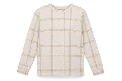 Front view of Marks & Spencer women’s beige check knit jumper, size UK 10