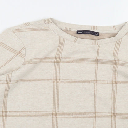 Close-up detail of Marks & Spencer women’s beige check knit jumper, size UK 10