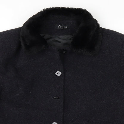 Close-up detail of Etam women’s black overcoat coat, size UK 12
