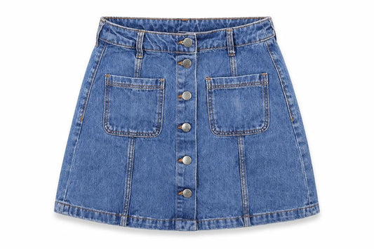 Front view of Preworn women’s blue mini skirt, size UK 6
