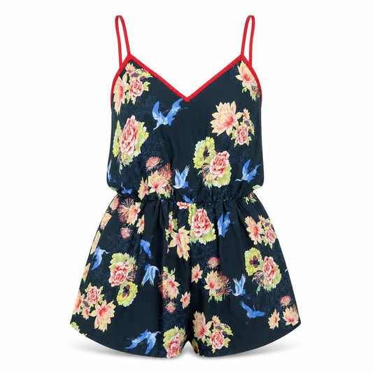 Front view of Love women’s black floral playsuit one-piece, size S
