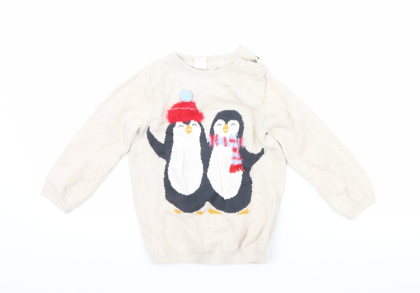 H&M Girls Beige   Pullover Jumper Size 2 Years  - penguin