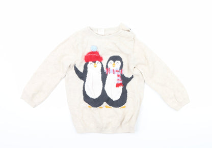 Additional front view of H&M girls’ beige jumper, size 2, years - penguin