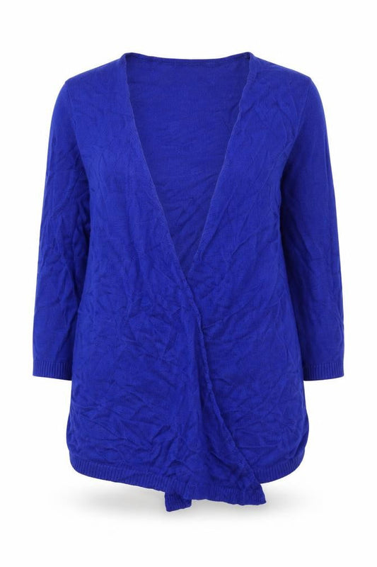Front view of Per Una women’s blue cardigan jumper, size UK 12