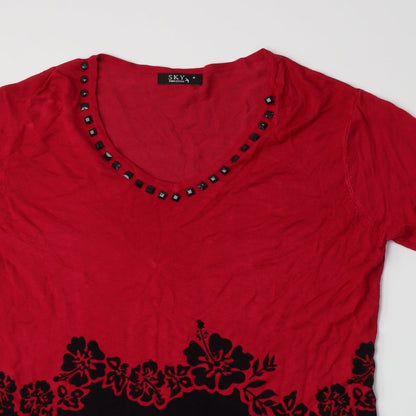 Close-up detail of Sky Designs women’s pink floral basic t-shirt, size UK 8