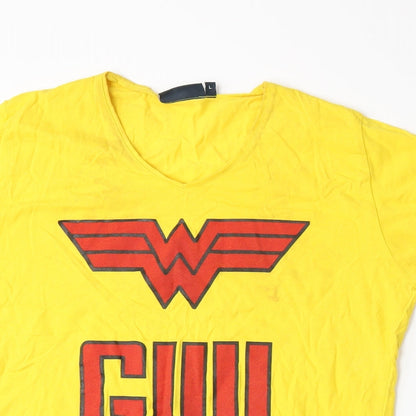 Close-up detail of Hanes women’s yellow basic t-shirt, size L