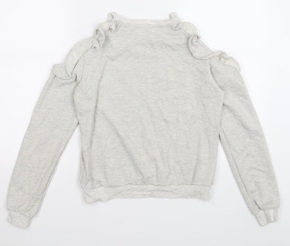 Back view of PROMESA women’s grey knit jumper, size S, - cold shoulder
