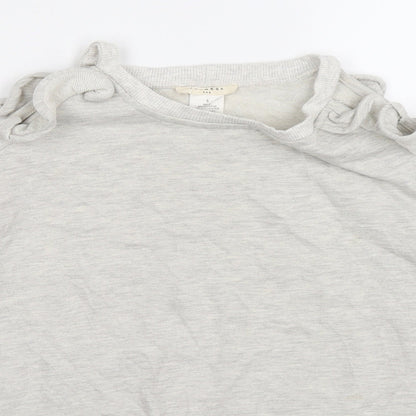 Close-up detail of PROMESA women’s grey knit jumper, size S, - cold shoulder
