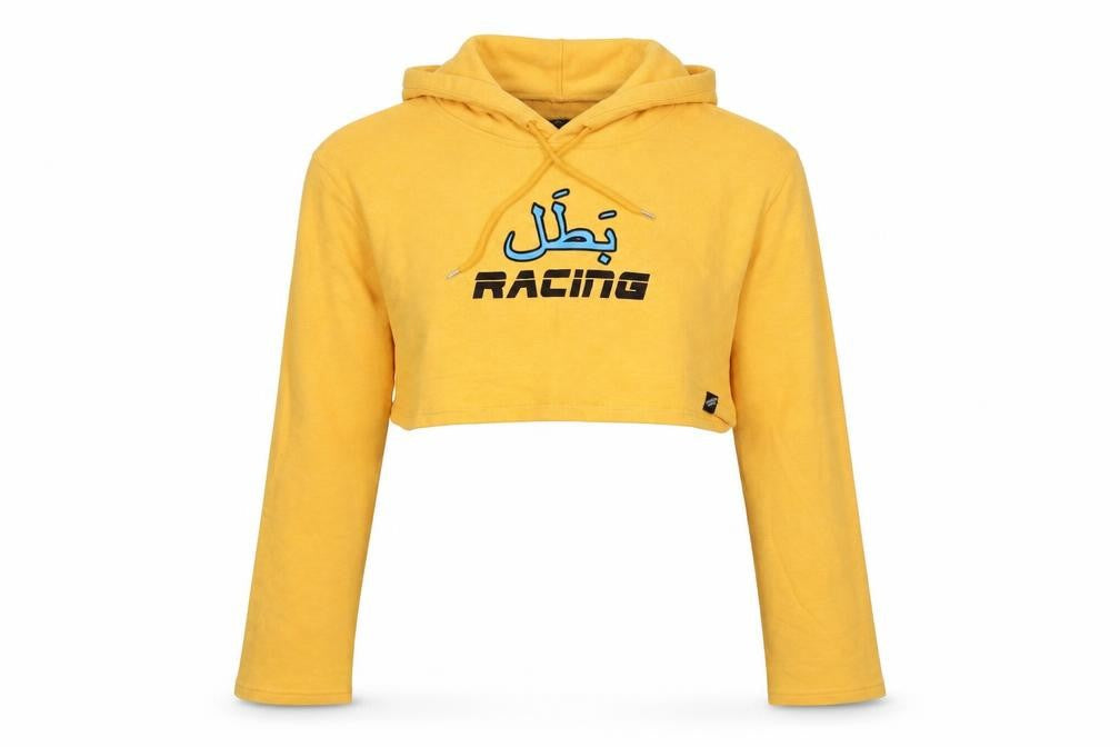 Front view of Illustrated People women’s yellow jersey pullover hoodie, size M, - racing. cropped