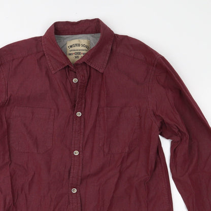 Close-up detail of Twisted Soul men’s red button-up, size S