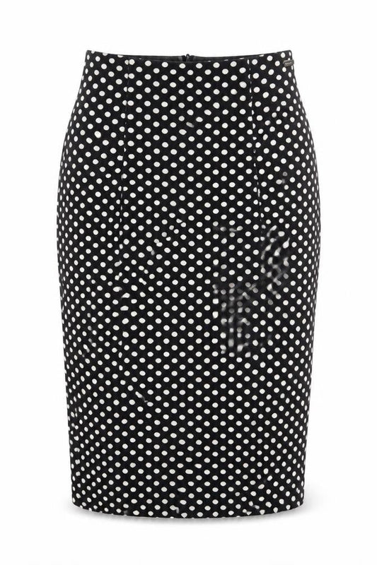 Front view of Pringle women’s black polka dot straight & pencil skirt, size S