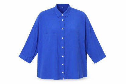 Front view of Marks & Spencer women’s blue basic blouse, size UK 8