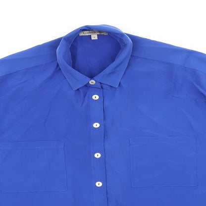 Close-up detail of Marks & Spencer women’s blue basic blouse, size UK 8