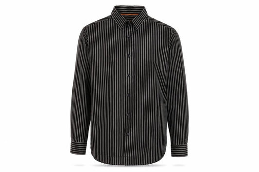 Front view of Next men’s brown striped button-up, size L