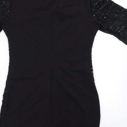 Brand and care label for Bain De Nuit women’s black floral bodycon, size UK 8