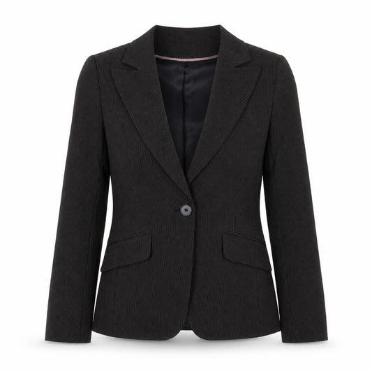 Front view of Marks & Spencer women’s black striped jacket suit jacket, size UK 8