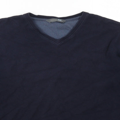 Close-up detail of Marks & Spencer men’s blue pullover sweatshirt, size S