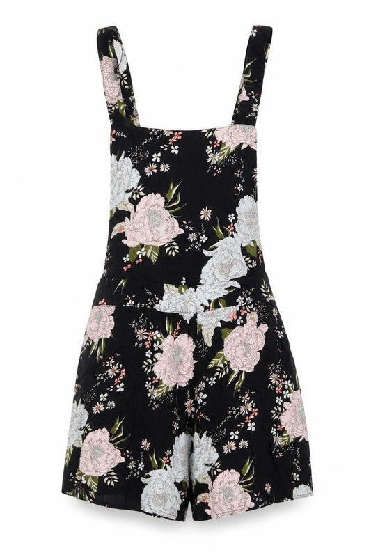 Front view of H&M women’s black floral romper one-piece, size UK 10