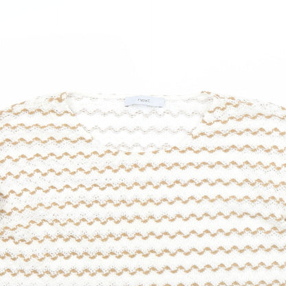 Close-up detail of Next women’s beige striped jumper, size UK 14
