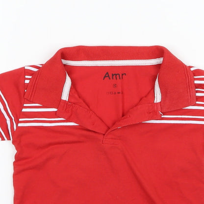 Close-up detail of Amr boys’ red striped jersey basic polo, size S