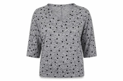 Front view of Dorothy Perkins women’s grey polka dot jersey jumper, size UK 14