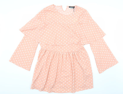 Additional front view of Lasula women’s pink polka dot rayon a-line, size UK 14