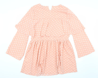 Back view of Lasula women’s pink polka dot rayon a-line, size UK 14