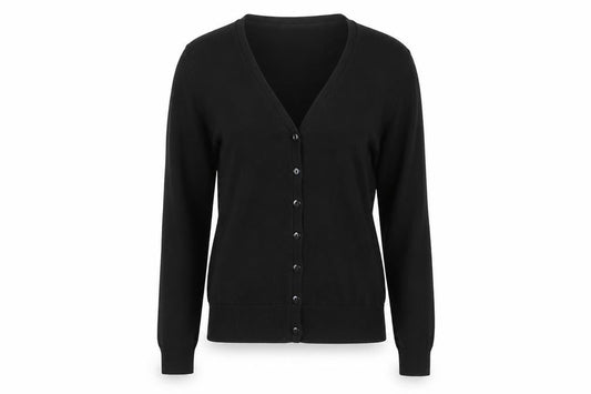 Front view of Divided women’s black knit cardigan jumper, size UK 4