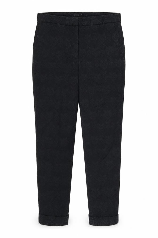 Front view of Zara women’s black floral trousers, size L, 26-inch leg