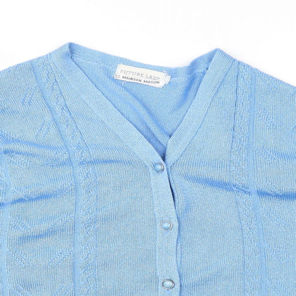 Close-up detail of Future Lady women’s blue cardigan jumper, size S