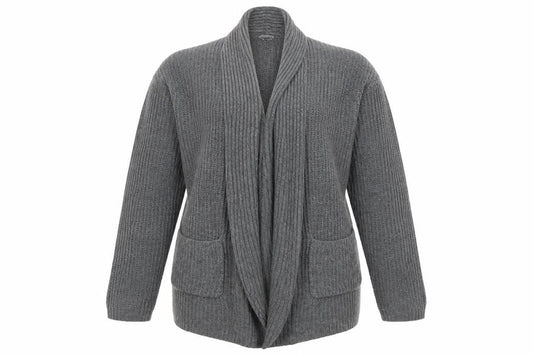 Front view of Atmosphere women’s grey striped cardigan jumper, size UK 14