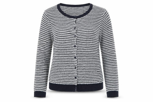 Front view of Joe Fresh women’s white striped cardigan jumper, size UK 12