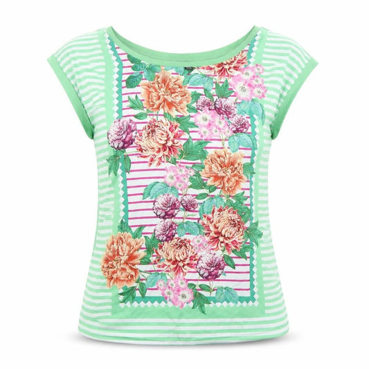 Front view of Cortefiel women’s green floral satin tunic t-shirt, size XS
