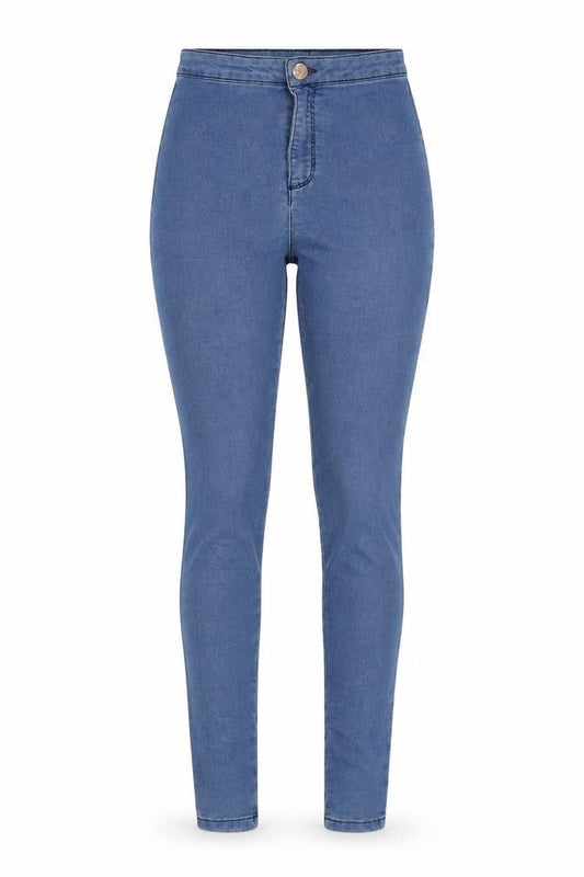 Front view of Miss Selfridge women’s blue denim jegging leggings, size UK 8, 29-inch leg