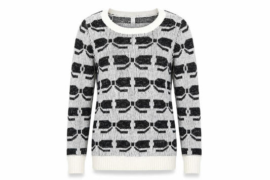 Front view of Debenhams women’s black geometric jumper, size UK 10