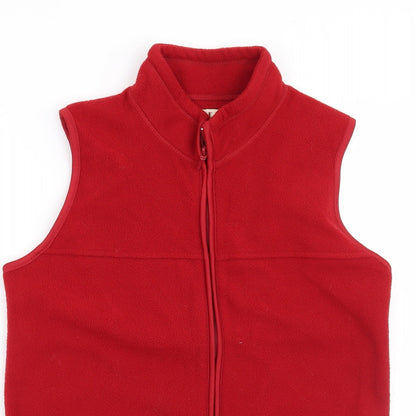 Close-up detail of EWM women’s red gilet jacket, size UK 10